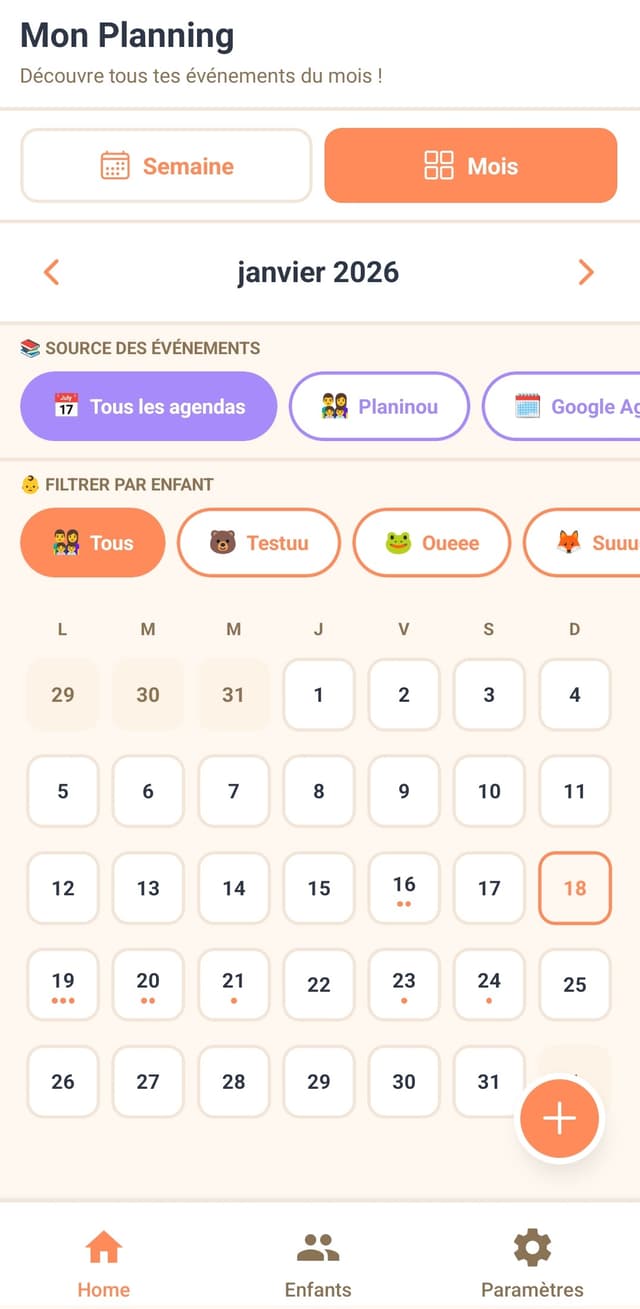 Capture d'écran de l'application de planning Planinou - Vue 1 : organisation de calendrier et gestion d'événements
