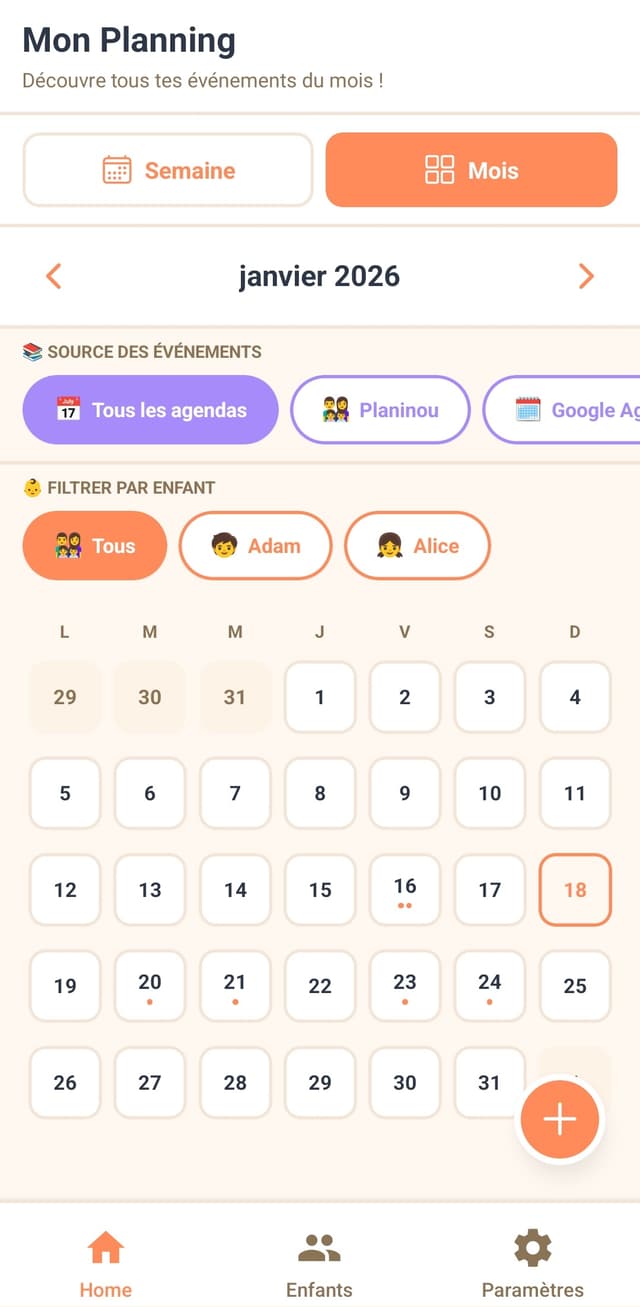 Capture d'écran de l'application de planning Planinou - Vue 3 : organisation de calendrier et gestion d'événements