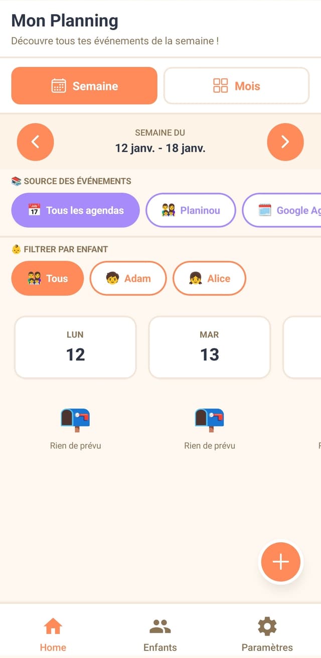 Capture d'écran de l'application de planning Planinou - Vue 4 : organisation de calendrier et gestion d'événements
